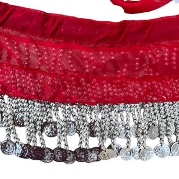 Chiffon Red Belly Dance Hip Scarf Colorful Gems Silver Coins and Bead Wrap Skirt - Picture 10 of 10